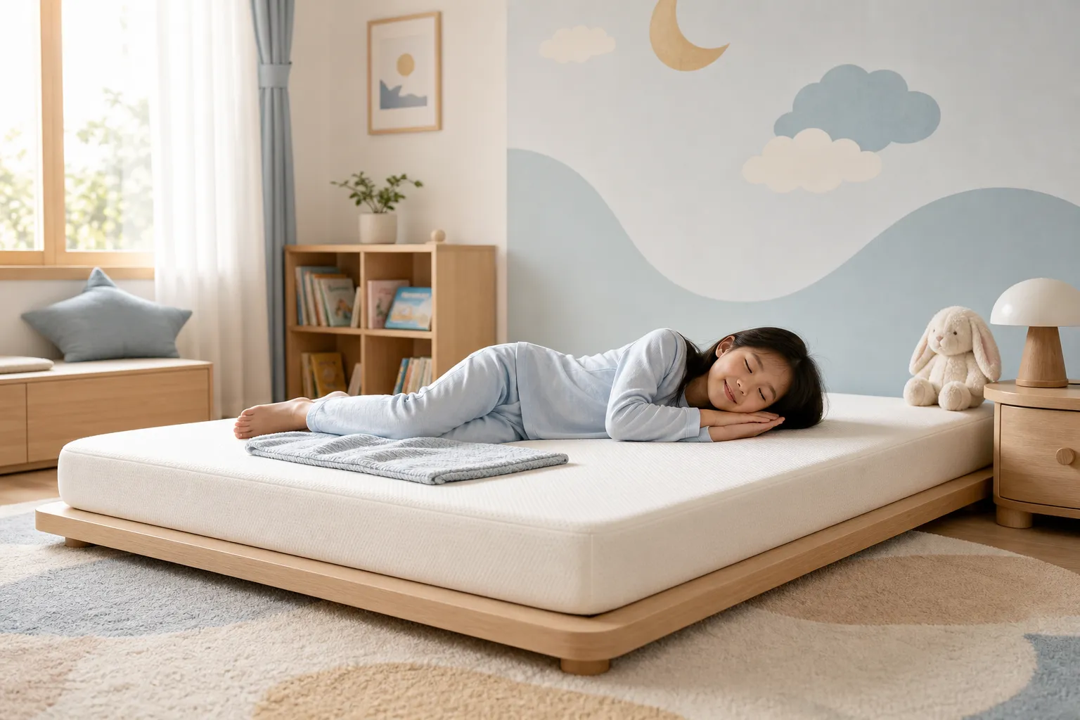 A girl sleeping happily on a Ventry latex mattress in a child's bedroom